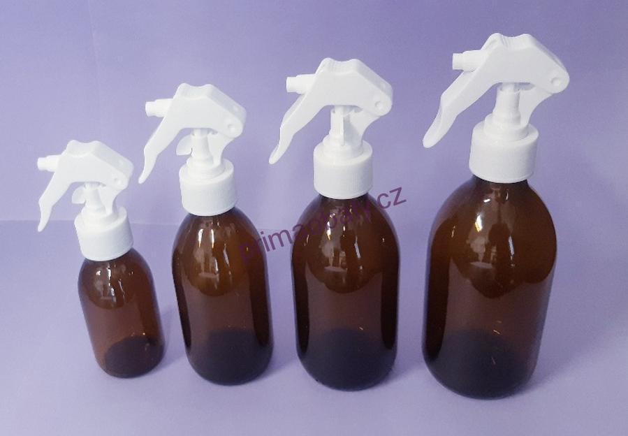 Lékovka 200ml, GL28, hnědá s bílým pákovým rozprašovačem R8, L114